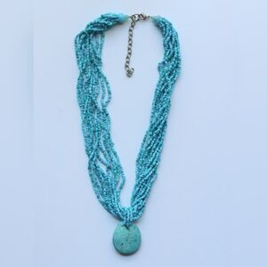 Bright Turquoise-tone Beaded Necklace with Dyed Stone Pendant